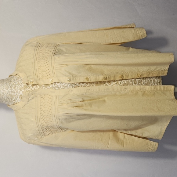 J Jill Pale Yellow Button Down Baby Doll 3/4 Sleeve Embroidered Blouse Size M - Picture 9 of 13